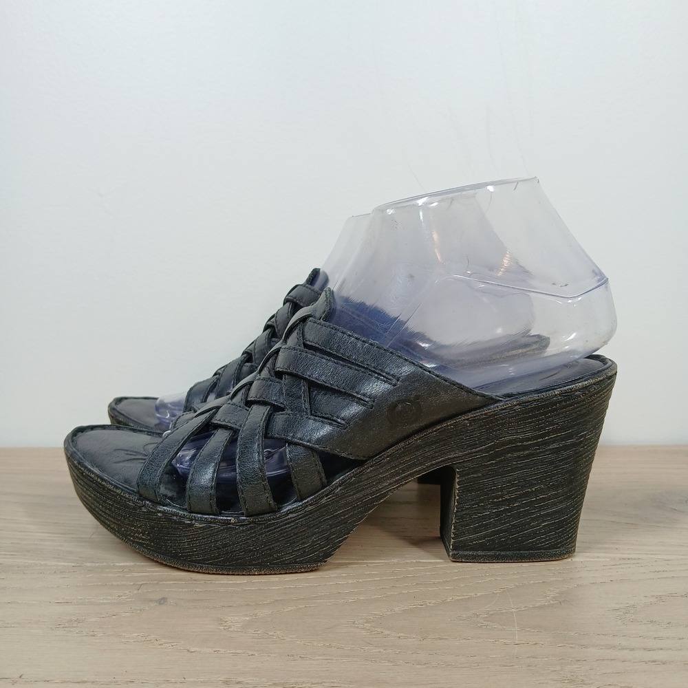 Born Clogs Womens 9 Black Leather Platform Block Heel Woven Strappy Sandals